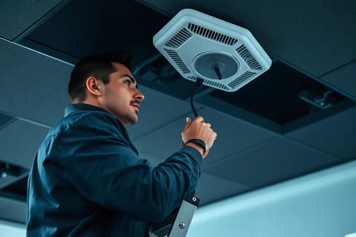Network technician on a small ladder installing a ceiling-mounted wireless access point with cabling routed through the ceiling