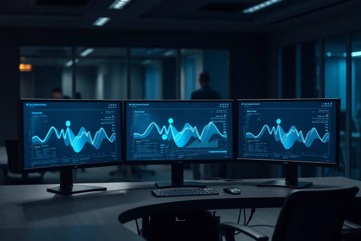 Technician observing infrastructure status on multiple monitors in a quiet operations workspace