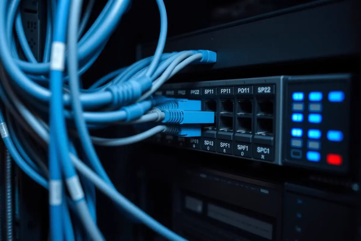 Labeled patch panel with organized cable management and technician hands terminating a Category 6 cable