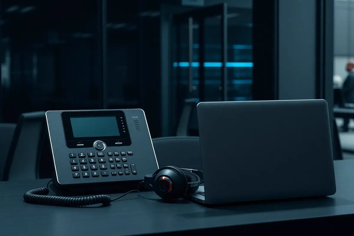 Business employee handling a customer call using a headset and desk phone in an office environment