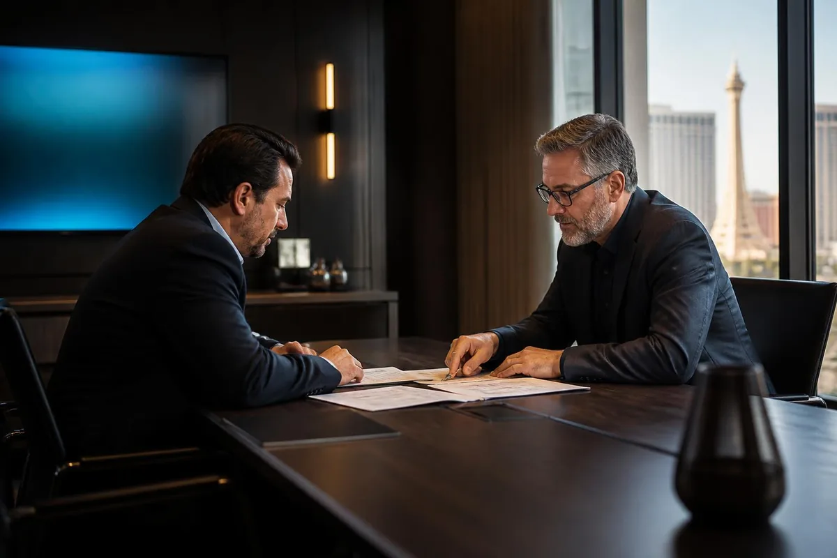 Business owner and senior Inoconn engineer reviewing a technology plan in a modern Las Vegas conference room.