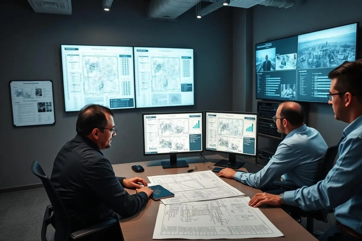 Construction project managers coordinating at a workstation with monitors, plans, and schedules in a modern office