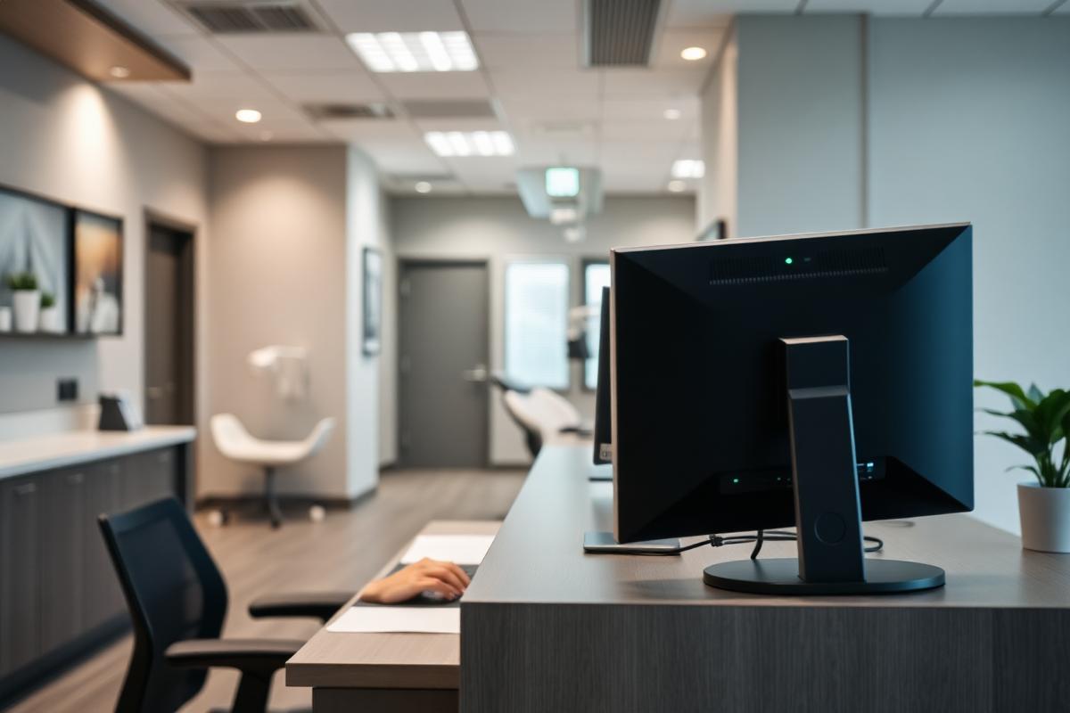 Front-desk coordinator working at a check-in workstation in a modern dental practice reception area
