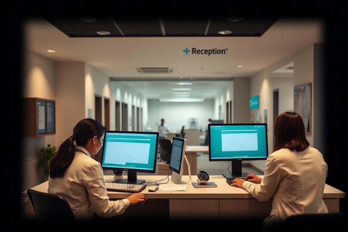 Front-desk staff coordinating patient check-in at a modern medical practice reception area
