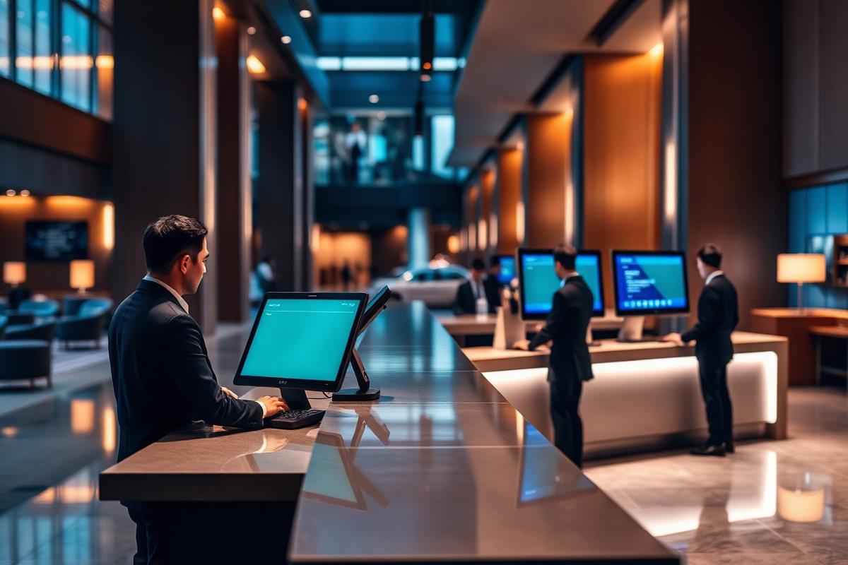 Guest services staff working at hotel front-desk check-in terminals in a modern lobby