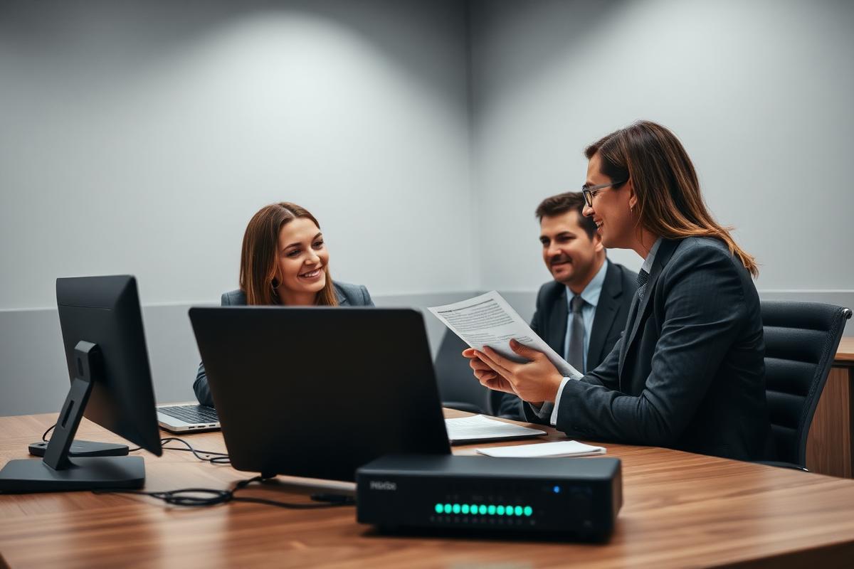 Insurance professionals reviewing a policy document with a client across a desk with laptops in a modern agency office