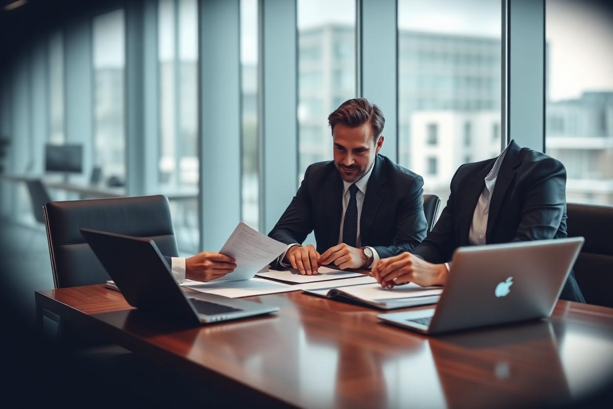 Attorneys reviewing documents together at a conference-room table with laptops in a modern law firm