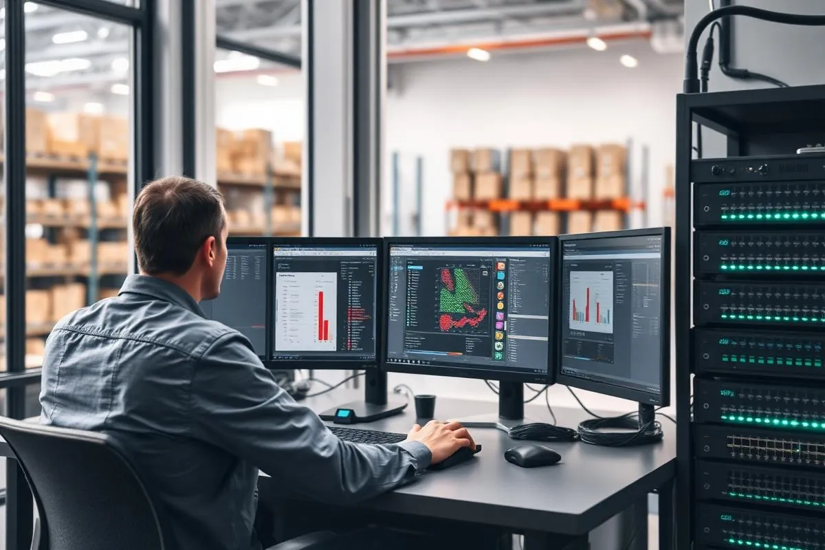 Operations planner reviewing inventory and production schedules on monitors in a modern manufacturing operations office adjacent to a warehouse