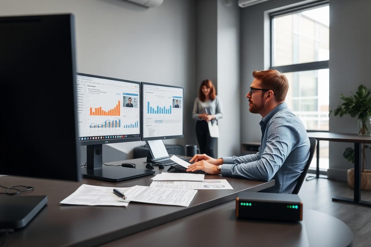 Property manager reviewing a portfolio dashboard on monitors with a leasing agent helping a tenant in the background of a modern management office