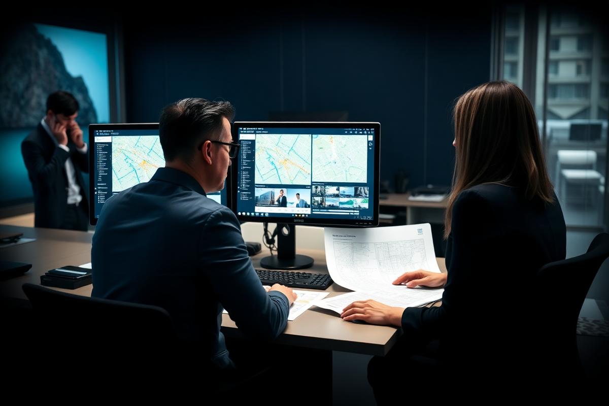Real estate agents reviewing listings and floor plans at a shared workstation in a modern brokerage office