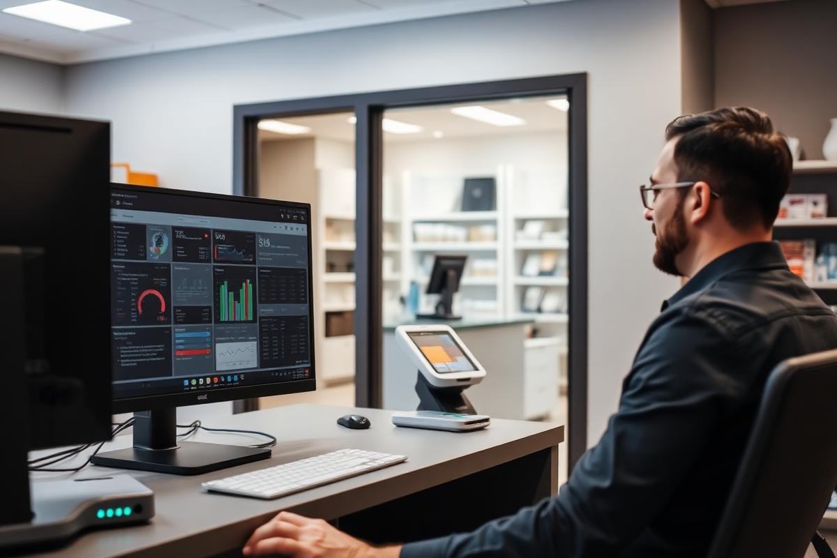Retail store manager reviewing inventory dashboards on a monitor in a back-office workstation with a point-of-sale terminal visible through the doorway