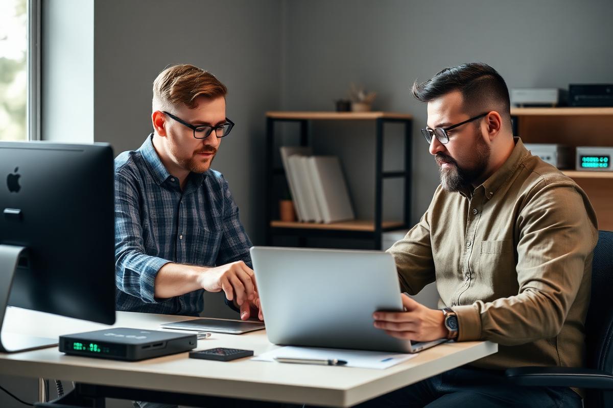 Small business owner reviewing a laptop with an IT technician at a desk in a small professional office
