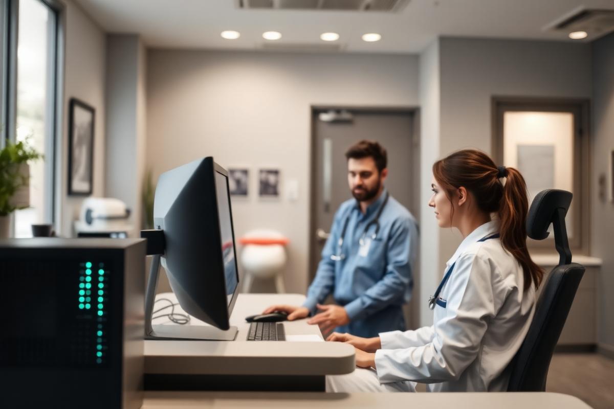 Veterinary staff working at a reception workstation with an exam room softly visible in the background of a modern animal hospital