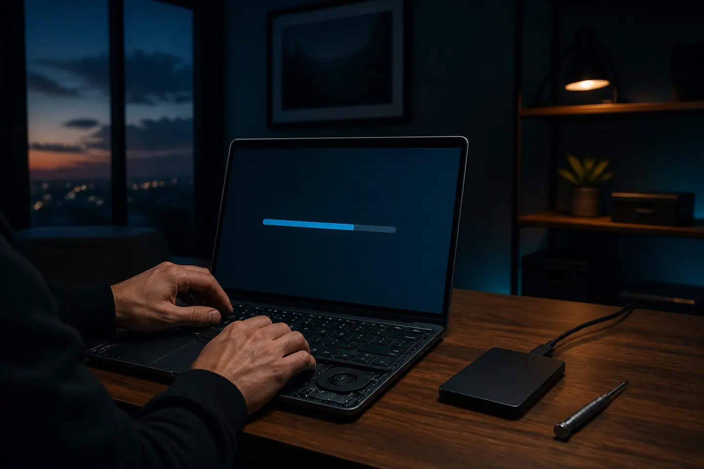 In-home computer diagnostics and repair on a residential workspace.