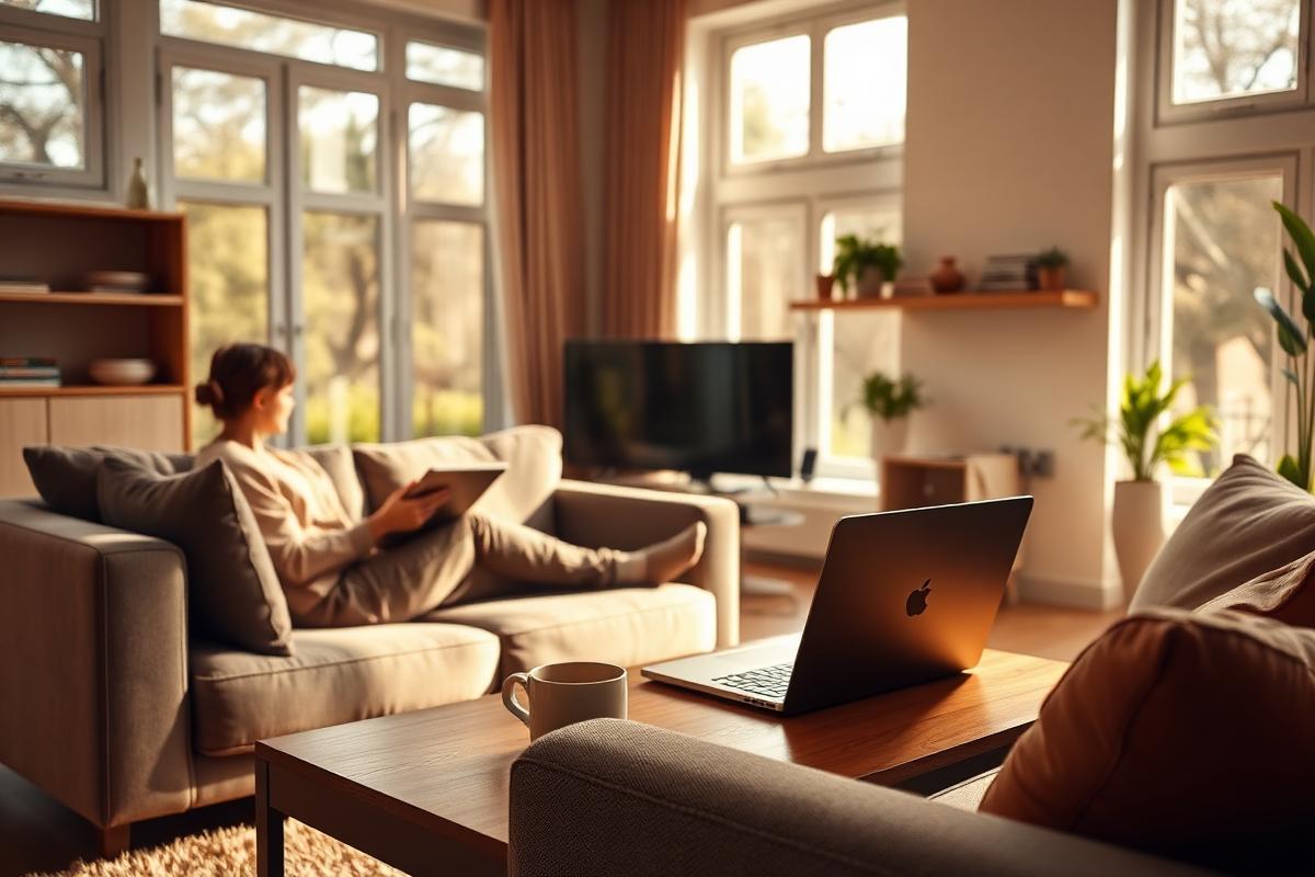 Family living room with a laptop on the coffee table and personal devices in daily use