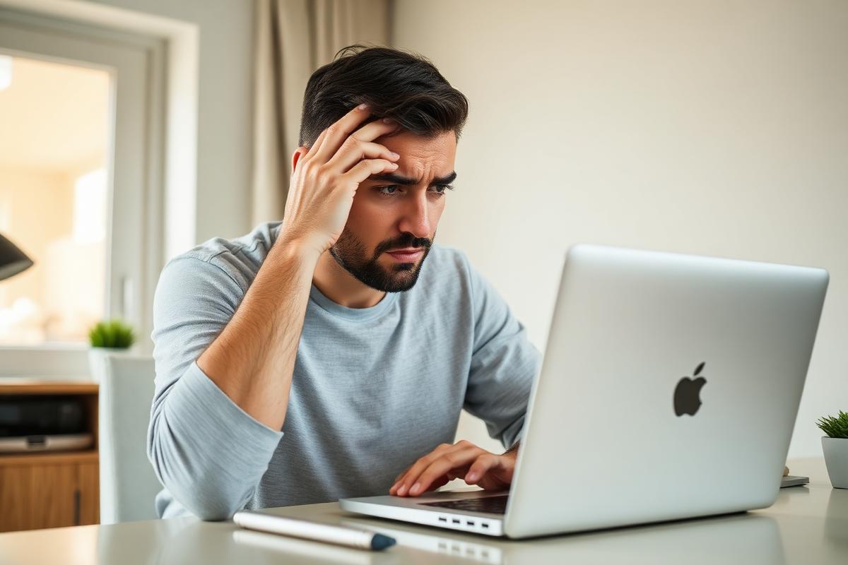 Homeowner at a home desk looking frustrated at a slow, unresponsive laptop