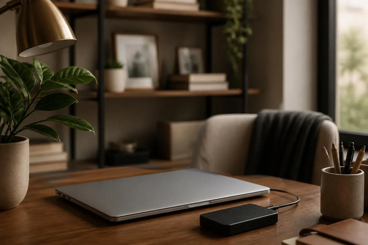 Home office desk with a personal laptop, framed family photos, and a stack of documents that need protecting