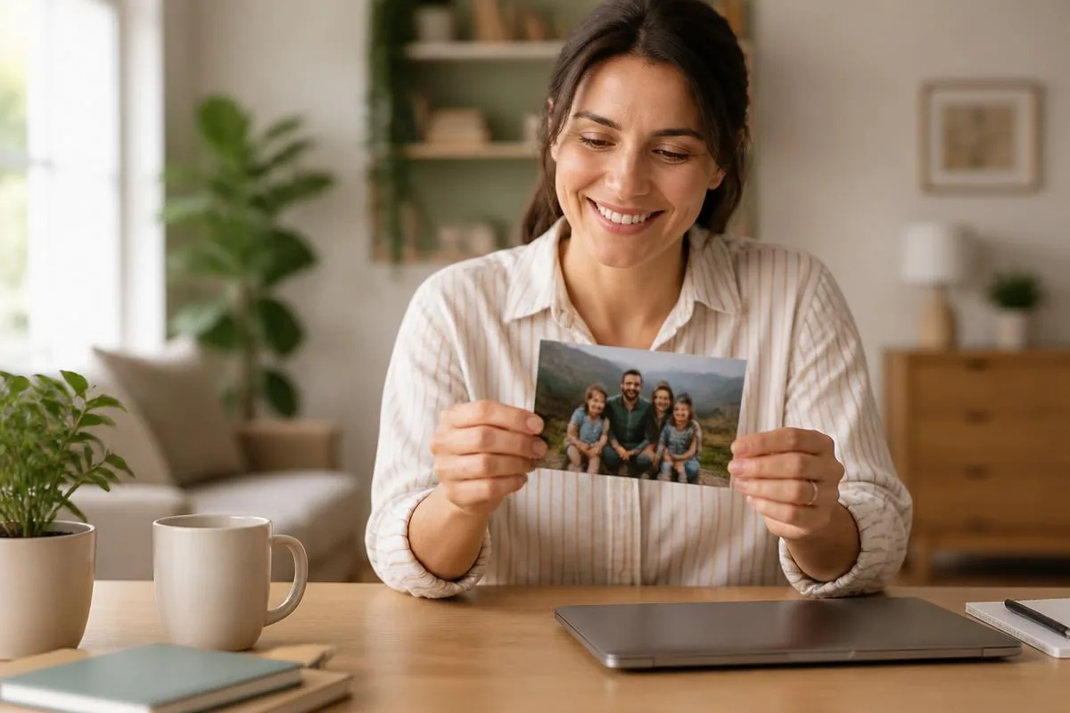 Homeowner smiling with relief while looking at recovered family photos on a laptop