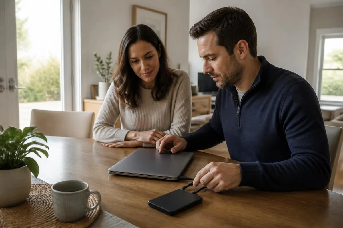Home technician setting up an external backup drive next to a home laptop