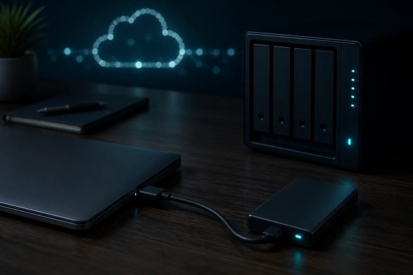 External drive connected to a home computer during a residential data backup workflow