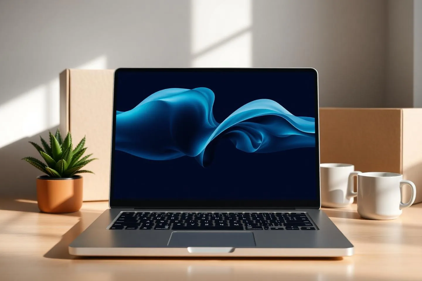 New laptop being configured on a home desk during a residential device setup visit