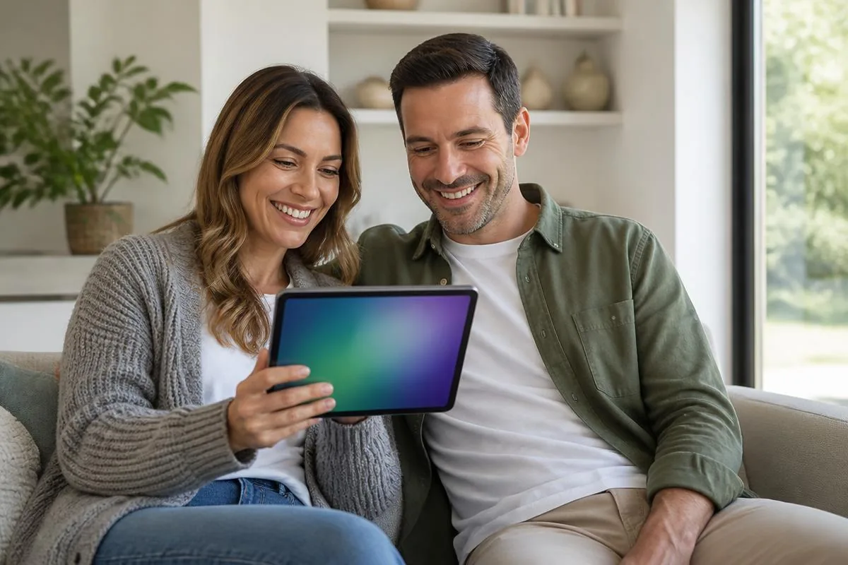 Person happily using a newly set up laptop and phone at a bright home workspace