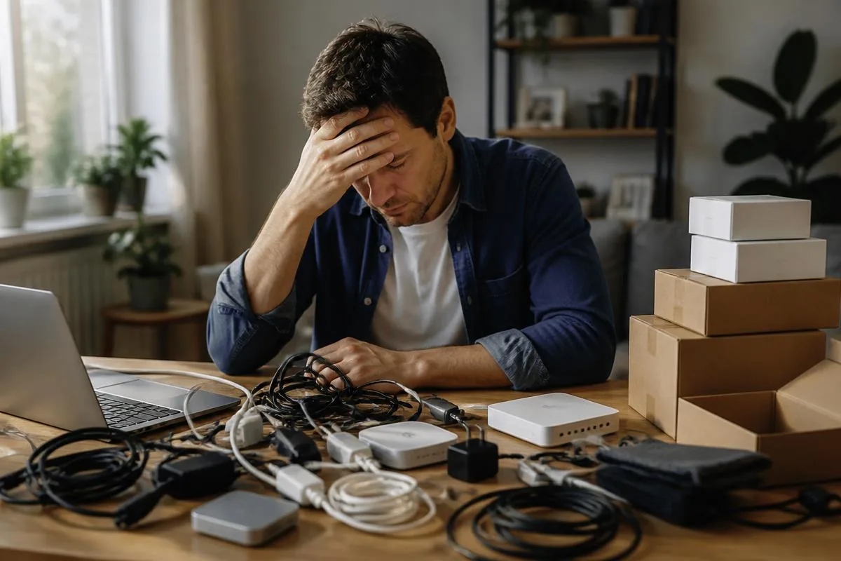 Homeowner overwhelmed by a pile of new device accessories, cables, and packaging on a kitchen counter