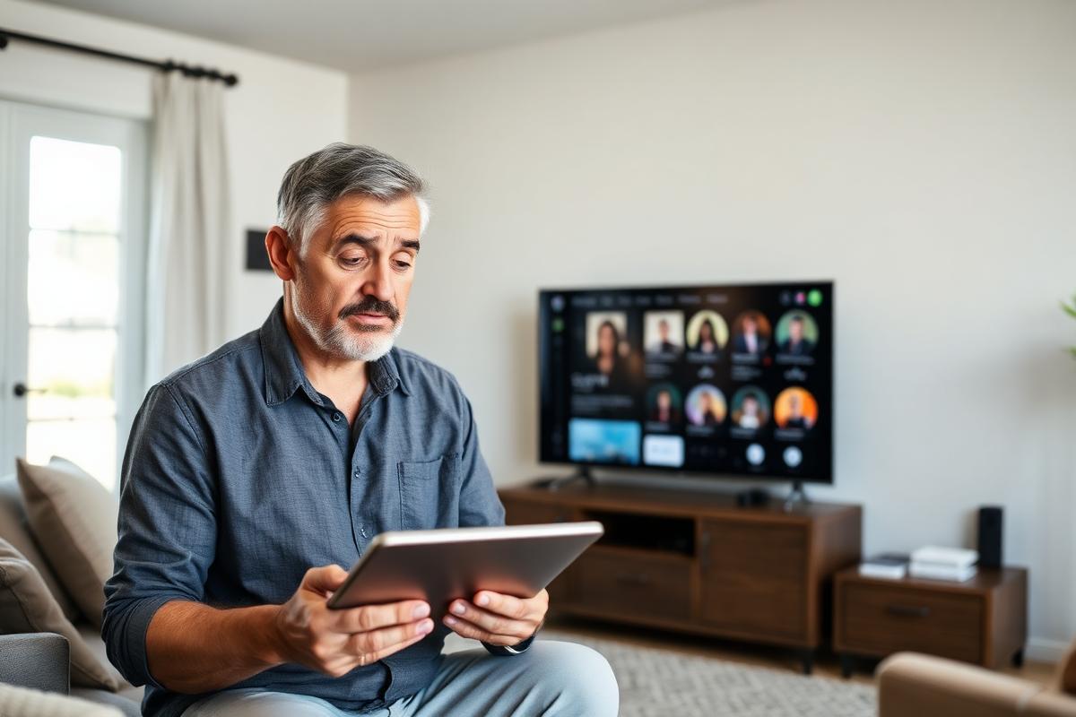 Homeowner puzzled between a tablet and a smart TV during a common household device issue