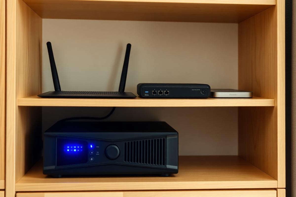 Household networking hardware — router, small switch, external drive, UPS backup — on a tidy shelf