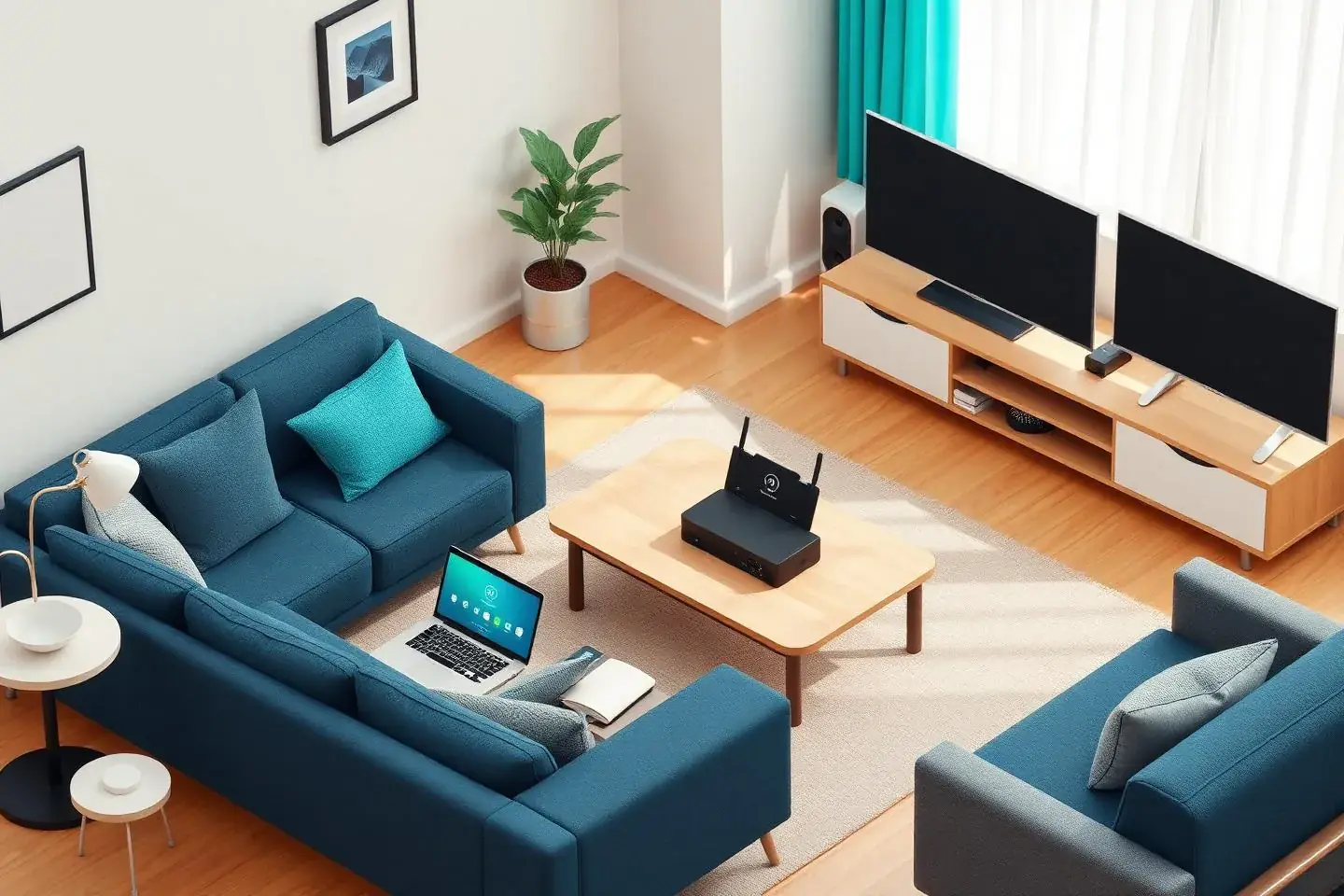 Multi-device household technology environment with laptops, tablet, printer and router
