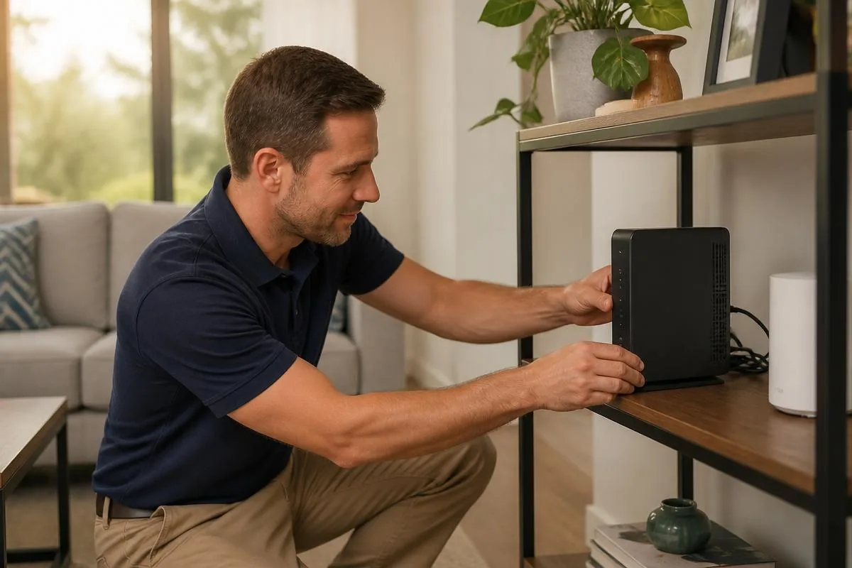 Friendly home technician helping an older homeowner with their laptop and smartphone at a dining table