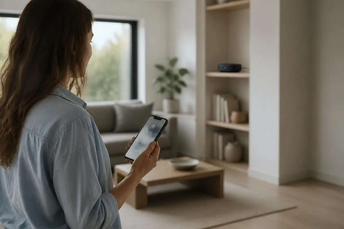 Homeowner in a bedroom holding up a phone showing weak Wi-Fi signal, a classic dead-zone moment