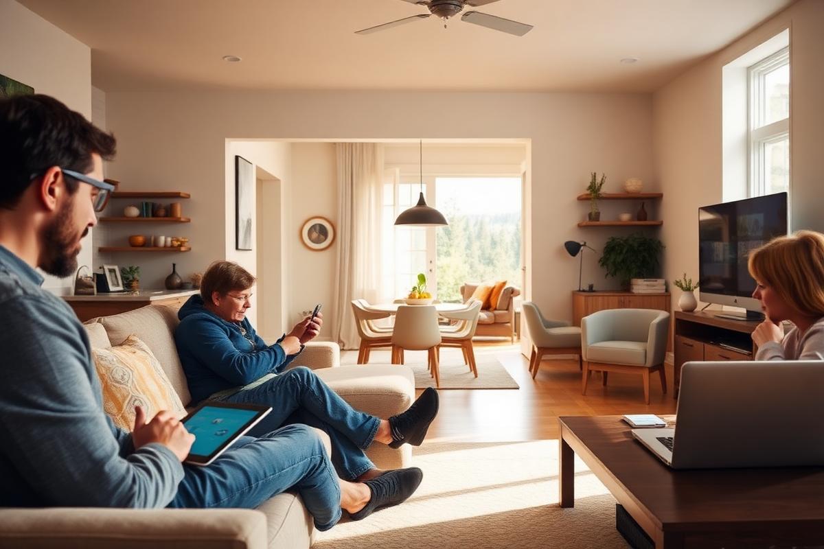 Modern family home with multiple people using laptops, tablets, and a smart TV across an open floor plan