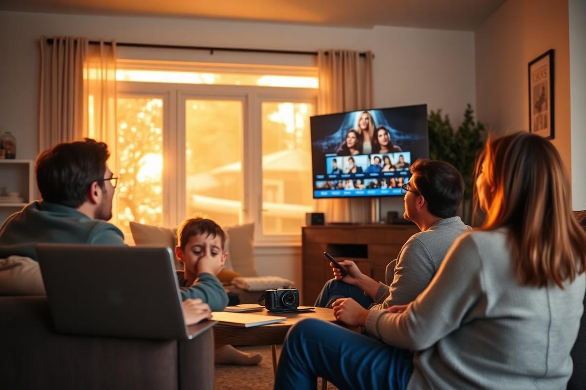 Family enjoying reliable streaming and connected devices together in a warmly lit living room