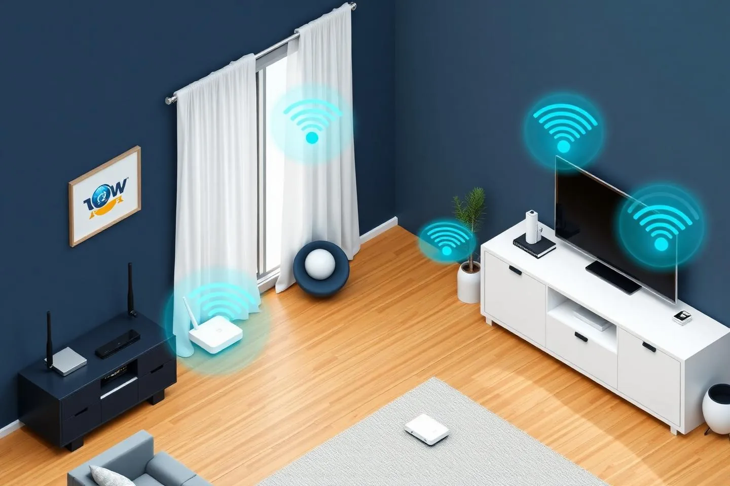 Router and mesh nodes connecting household devices across a residential network