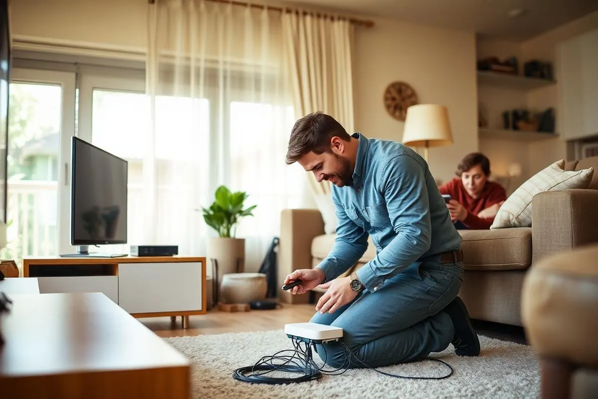 Home technician configuring a router in a residential living room with the homeowner nearby