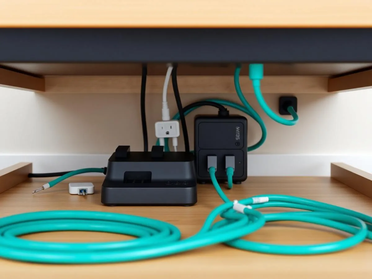 Tidy cable management and peripheral integration behind a residential home office desk