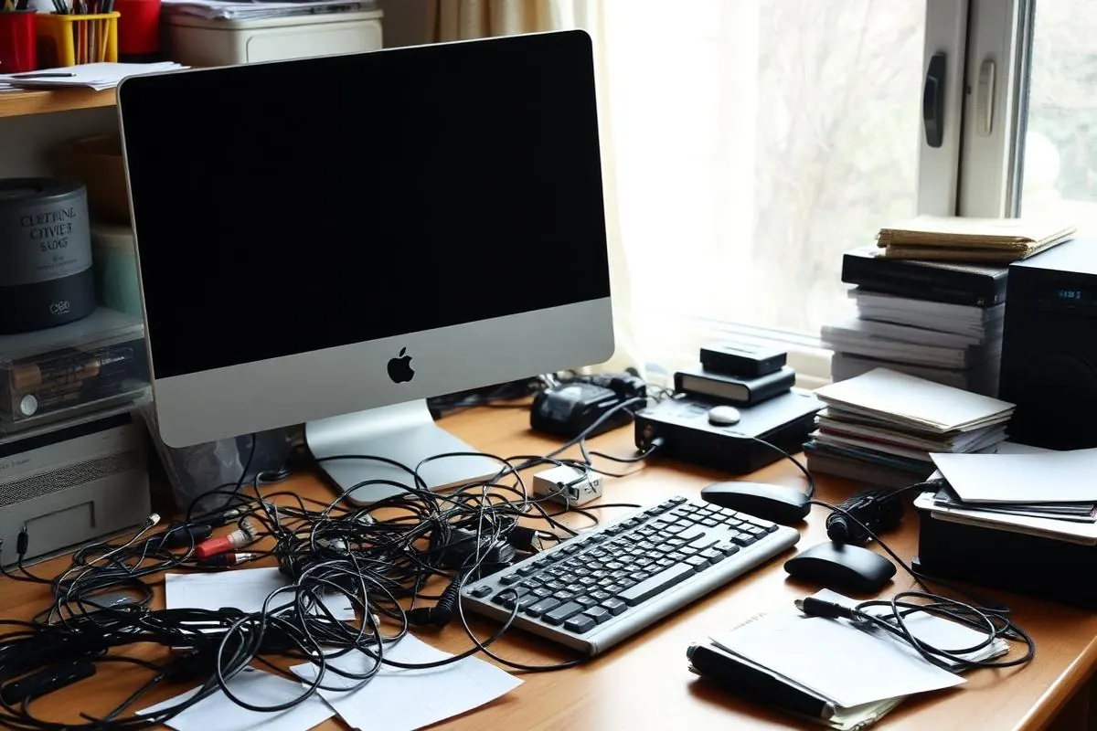 Cluttered home desk with tangled cables and mis-arranged peripherals before a proper setup