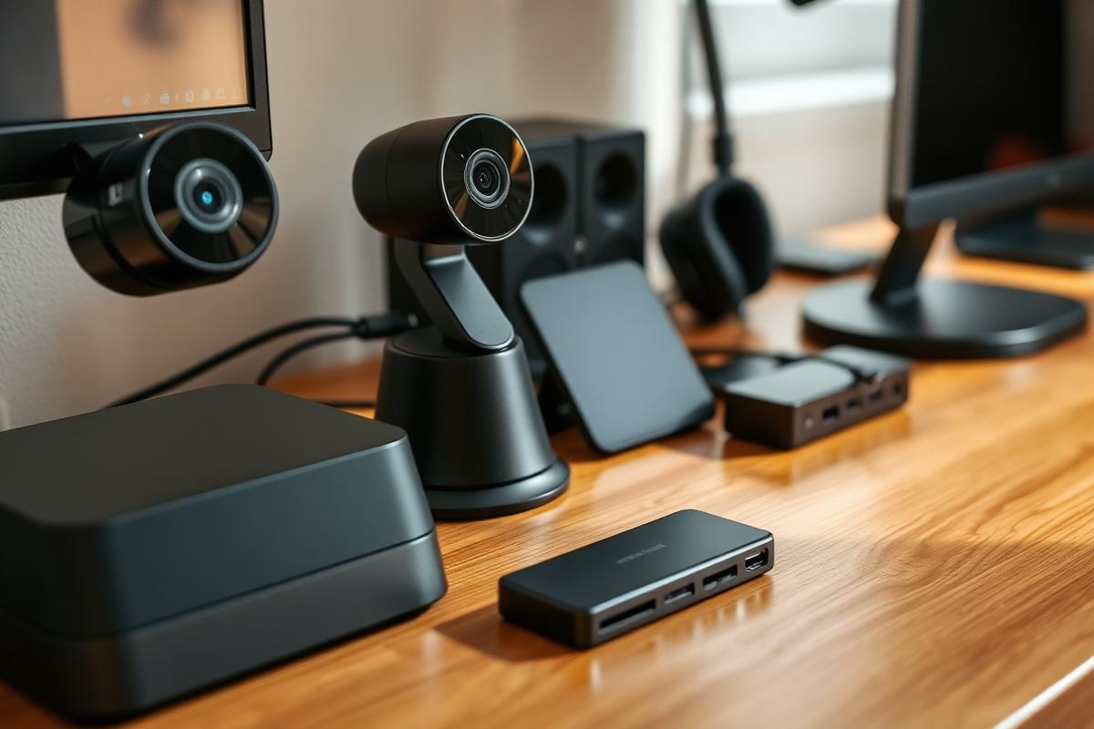 Home office peripherals — dock, webcam, headset, external SSD — arranged neatly on a wooden desk
