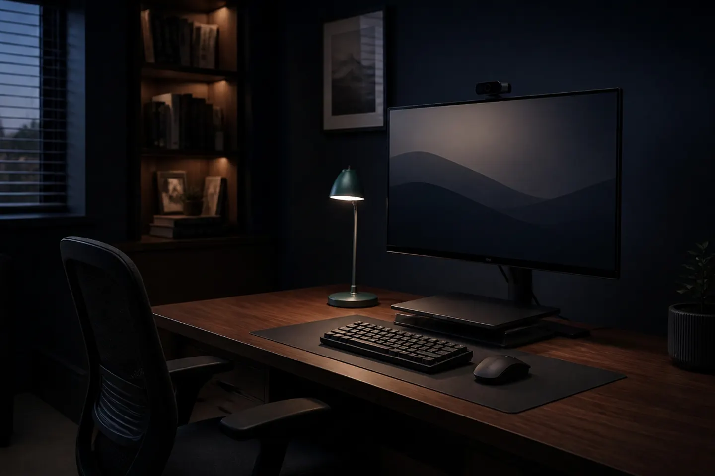 Home office workstation with dual monitors, docking station, webcam and keyboard