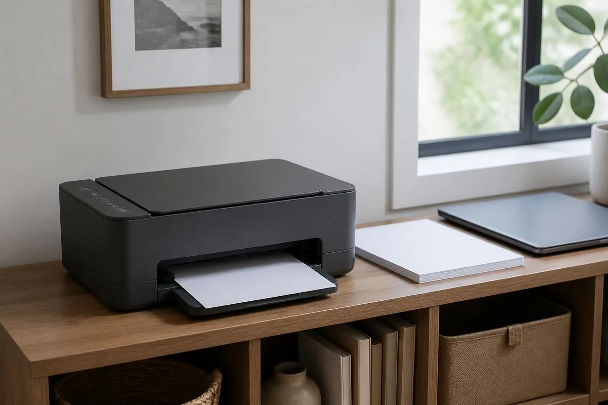 Home printer next to a laptop and smartphone ready for wireless printing on a tidy desk