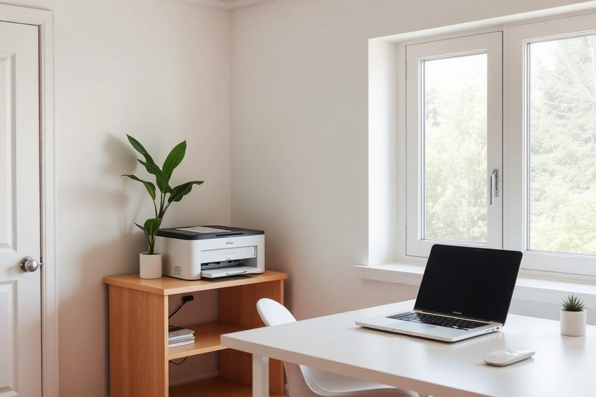 Home office corner with a printer on a side cabinet next to a laptop-ready desk
