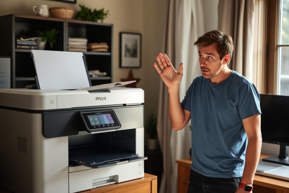 Frustrated homeowner standing next to a home printer that is refusing to print