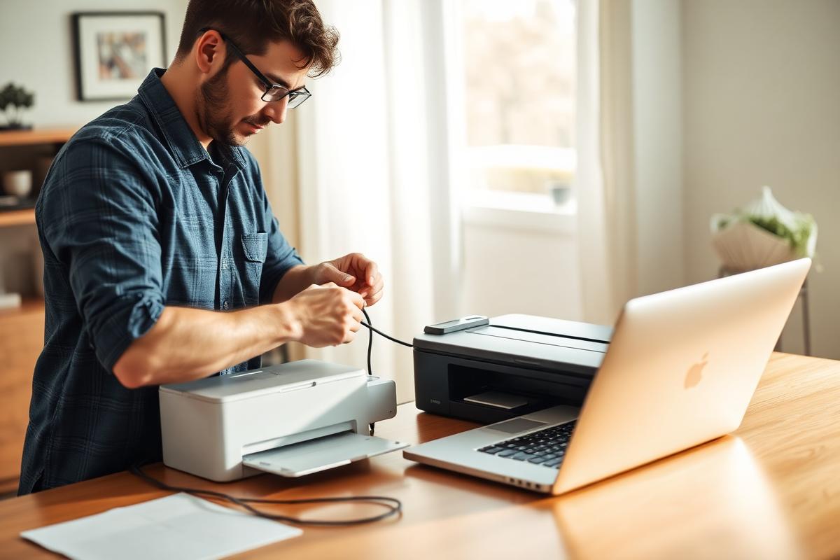 Home technician setting up a wireless printer next to a laptop on a home desk