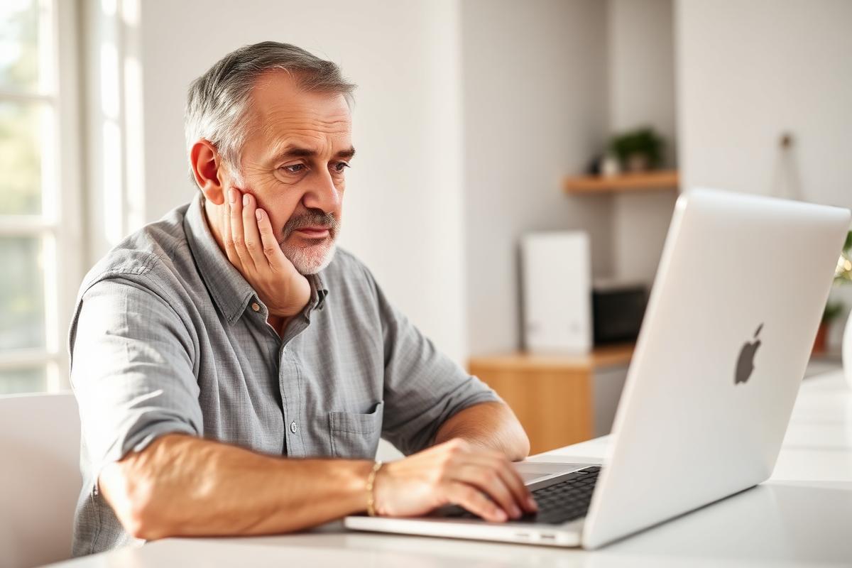Homeowner looking puzzled at a laptop, unsure how to resolve a technical issue on their own