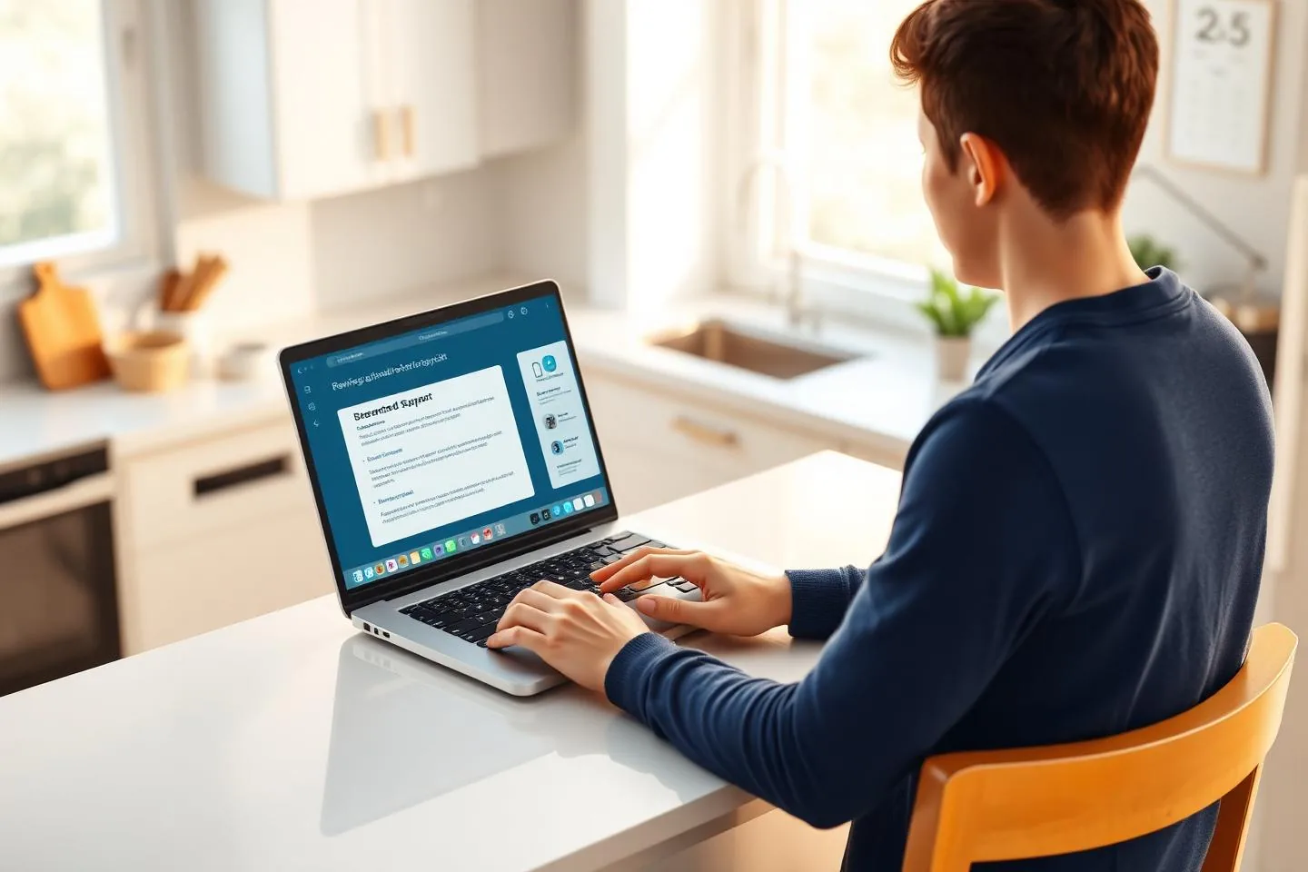 Homeowner receiving guided remote technical support on a laptop at a kitchen counter