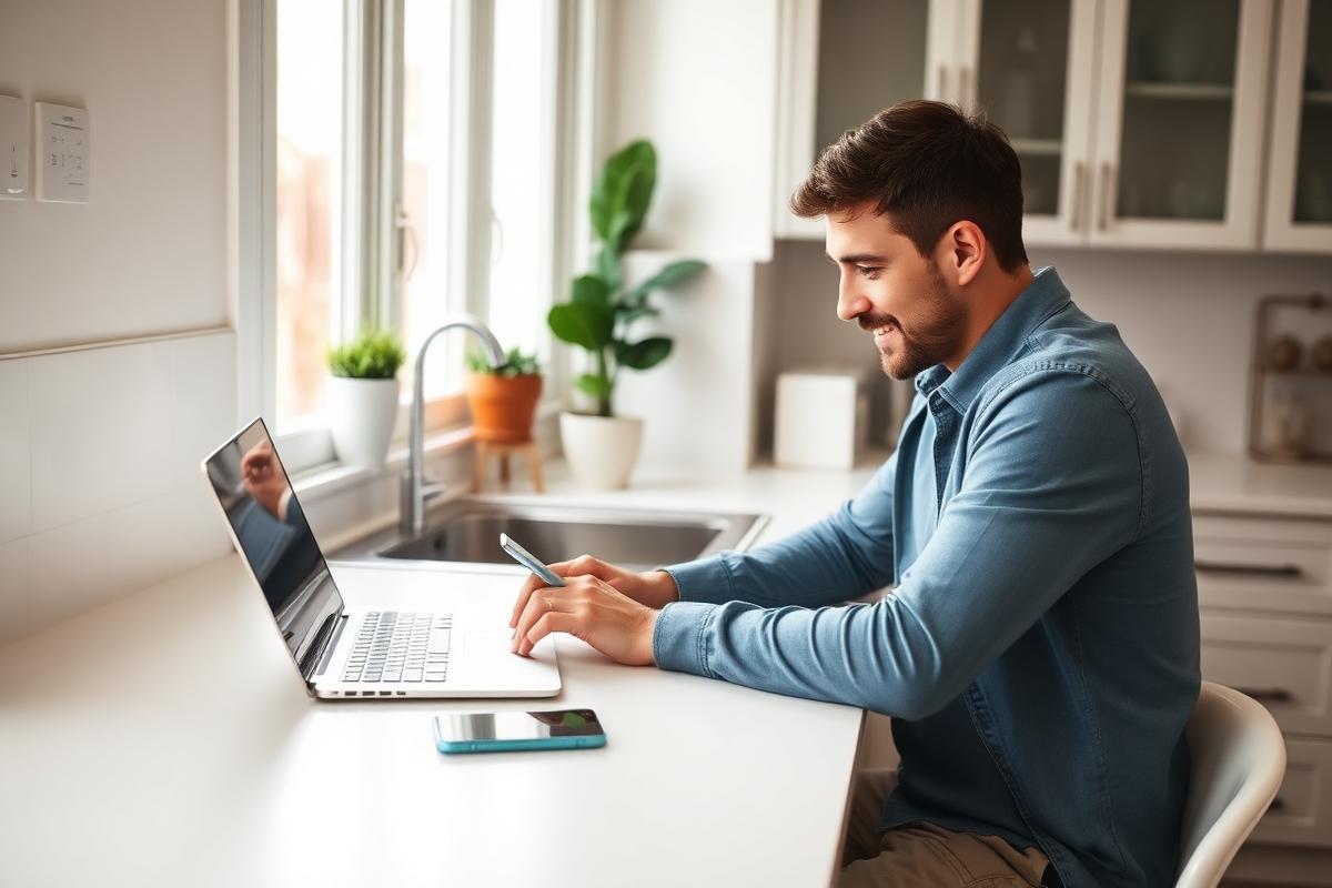 Homeowner comfortably using a laptop and phone at a bright home kitchen counter