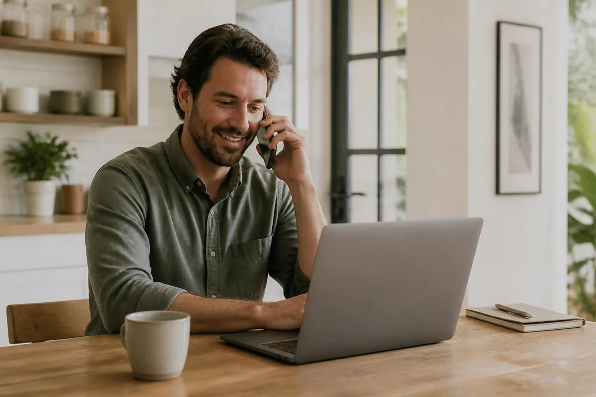 Smiling homeowner using a fully working laptop after a successful remote support session