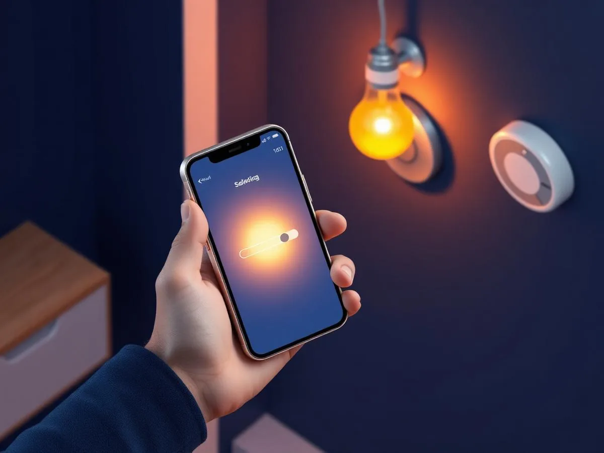 Smartphone controlling smart lighting and thermostat devices connected through a home hub