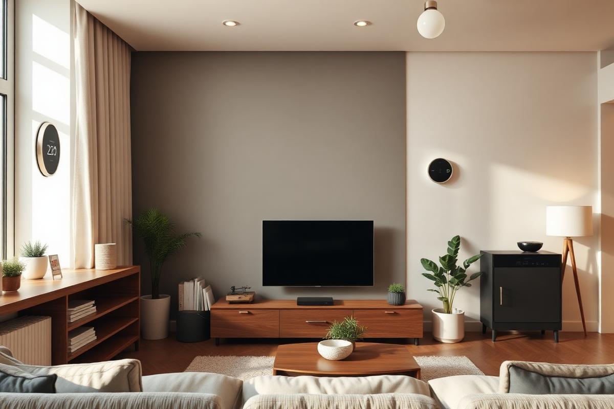 Modern living room with subtle smart home features including a smart speaker, thermostat, and connected lighting